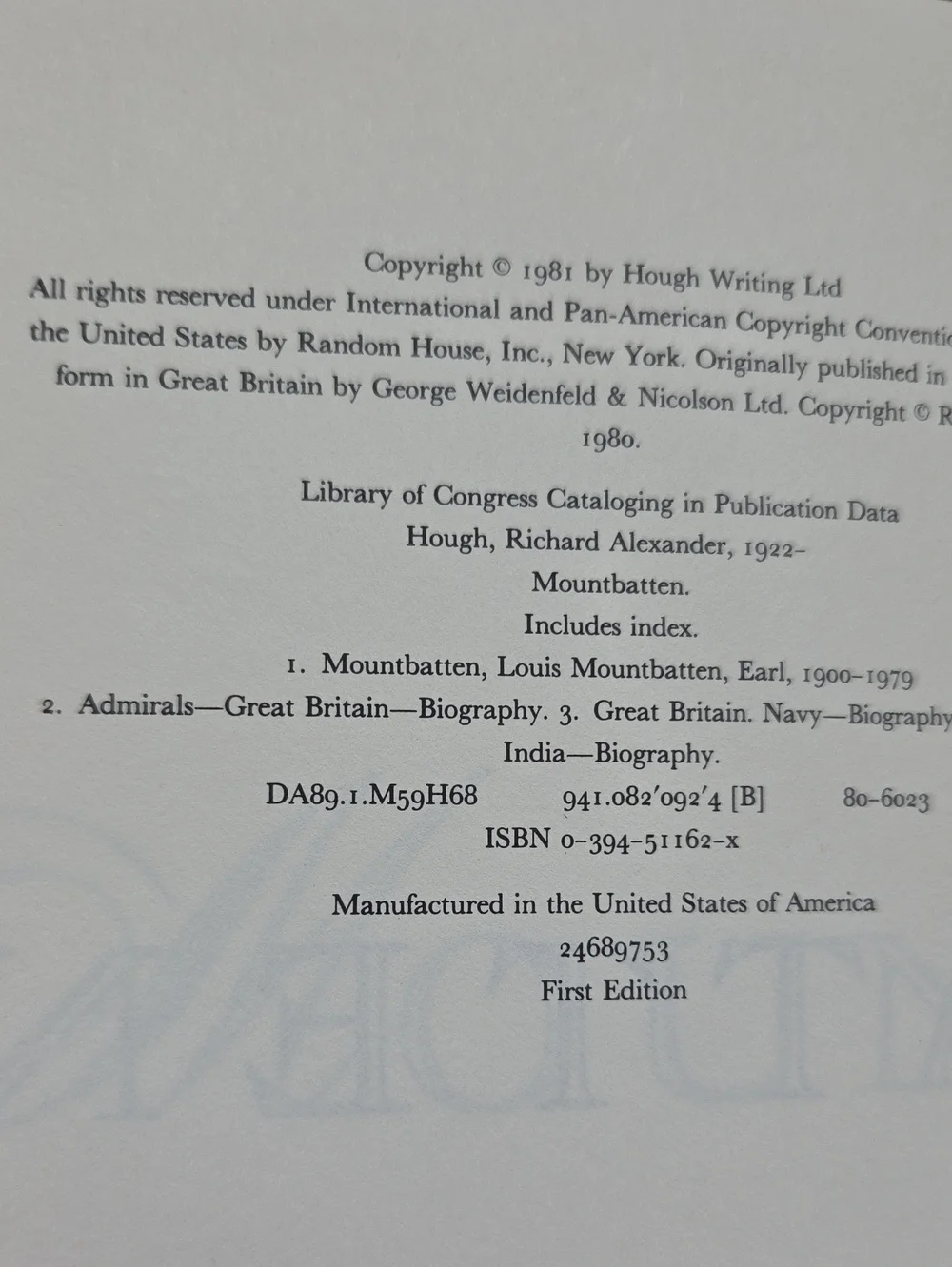 Mountbatten: A Biography by Richard Hough (Hardcover, 1981, 1st Ed)